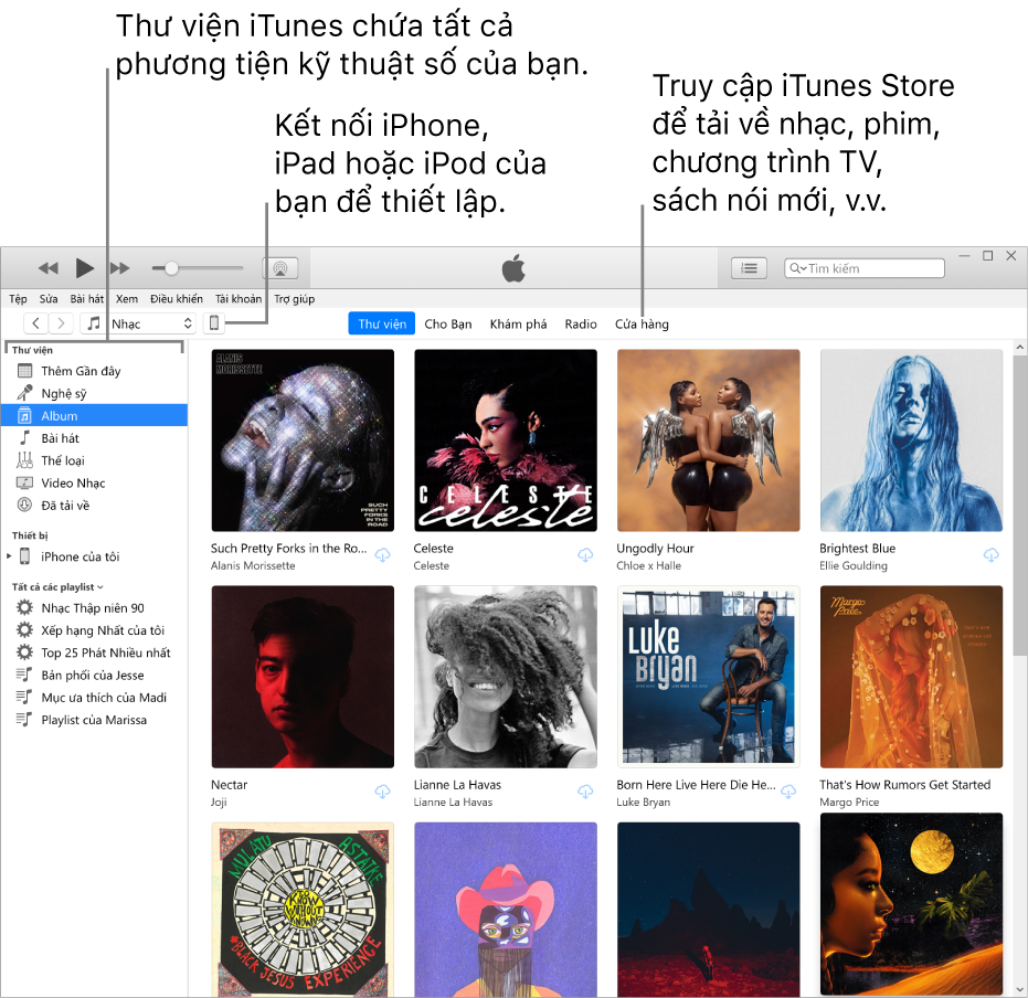 Giao diện của cửa sổ iTunes: Cửa sổ iTunes có hai khung. Ở bên trái là thanh bên Thư viện, chứa tất cả phương tiện kỹ thuật số của bạn. Ở bên phải, trong vùng nội dung lớn hơn, bạn có thể xem lựa chọn mà bạn quan tâm – ví dụ: truy cập thư viện hoặc trang Cho bạn, khám phá nhạc và video mới trên iTunes hoặc truy cập iTunes Store để tải về nhạc, phim, chương trình TV, sách nói, v.v. Ở phía trên bên phải của thanh bên Thư viện là nút Thiết bị, cho biết rằng iPhone, iPad hoặc iPod được kết nối với PC của bạn.