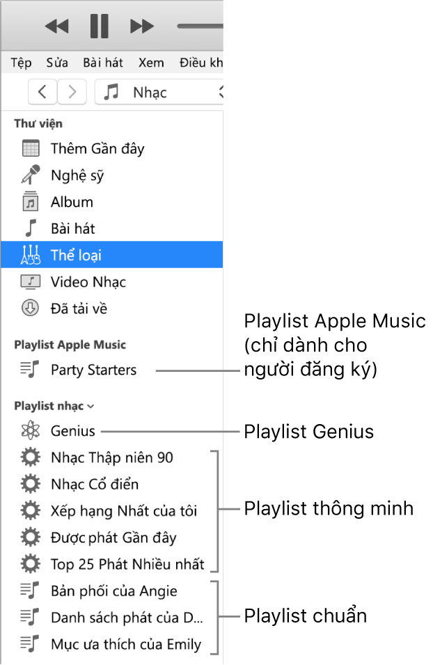 Thanh bên iTunes đang hiển thị các loại playlist khác nhau: Playlist Apple Music (dành riêng cho người đăng ký), Genius, thông minh và thông thường.