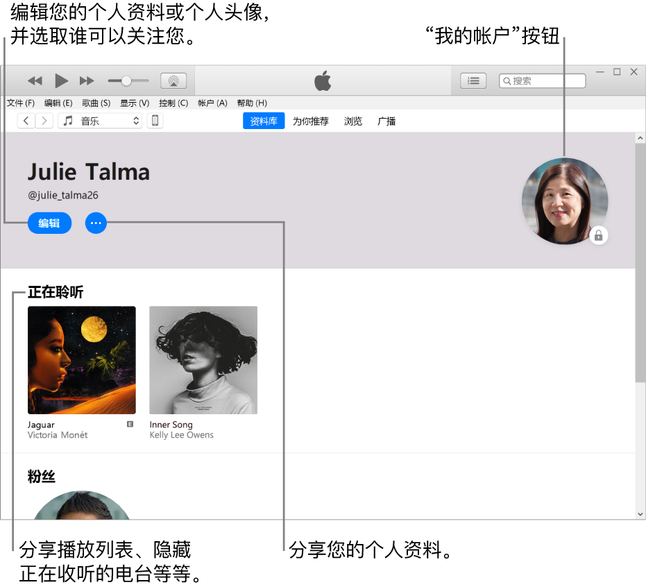 Apple Music 的个人资料页面：在左上角您的名字下方，单击“编辑”来编辑您的个人资料或个人头像，并选取谁可以关注您。在“编辑”右边，单击“更多”按钮来报告问题或分享您的个人资料。右上角是“我的帐户”按钮。“正在聆听”标题下方是您正在聆听的所有专辑，您可以单击“更多”按钮来隐藏正在收听的电台、分享播放列表等。