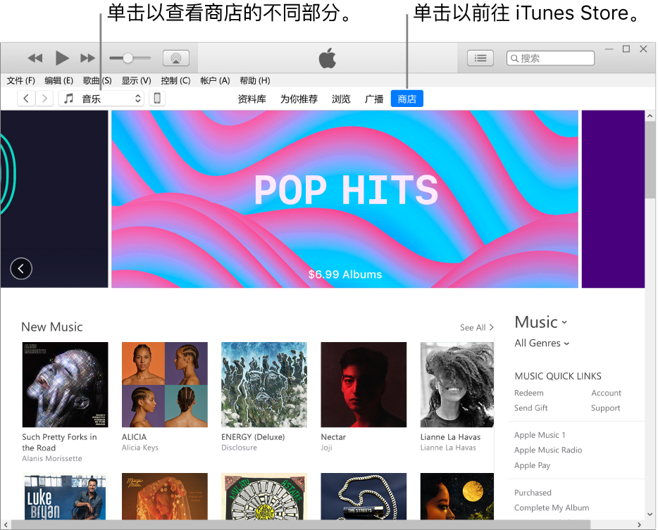 iTunes Store 主窗口：在导航栏中，“商店”被高亮显示。在左上角中，选取以查看商店中的不同内容（如音乐或电视）。