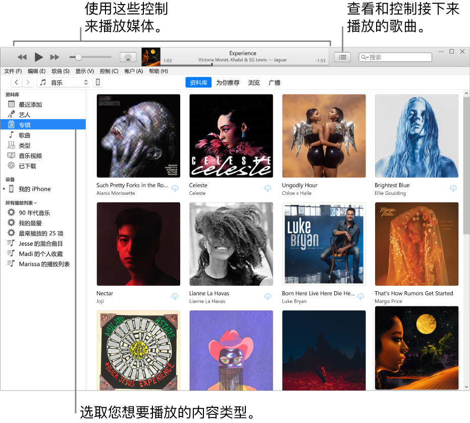 iTunes 资料库主窗口：在导航器中，选取要播放的媒体类型（如“音乐”）。使用顶部横幅中的控制播放媒体，以及使用右侧的“待播清单”弹出式菜单以不同方式查看资料库。