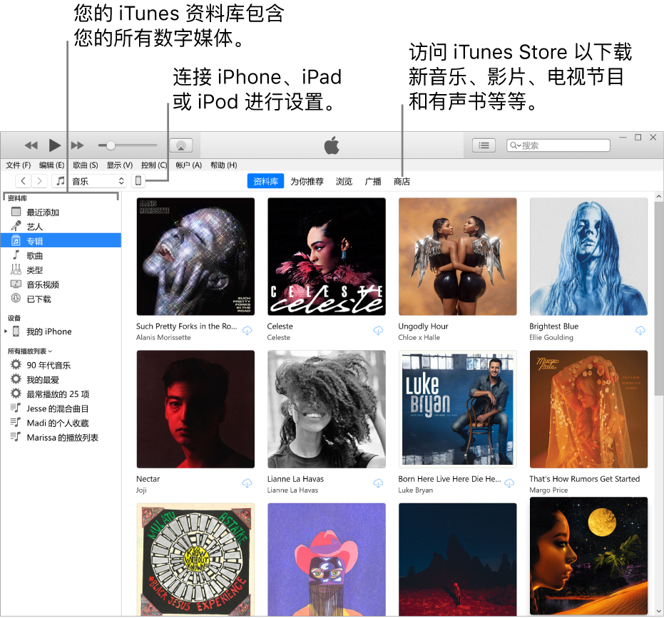 iTunes 窗口视图：iTunes 窗口有两个窗格。左侧是“资料库”边栏，包含您所有的数字媒体。在右侧的较大内容区域中，您可以查看感兴趣的精选，例如访问您的资料库或“为你推荐”页面，浏览新的 iTunes 音乐和视频，或者访问 iTunes Store 以下载新音乐、影片、电视节目、有声书等。“资料库”边栏的右上方是“设备”按钮，显示连接到 PC 的 iPhone、iPad 或 iPod。