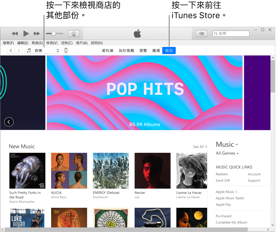 iTunes Store 主視窗：在導覽列中，「商店」已反白標示。在左上角，選擇以在「商店」中檢視不同內容（例如「音樂」或「電視」）。
