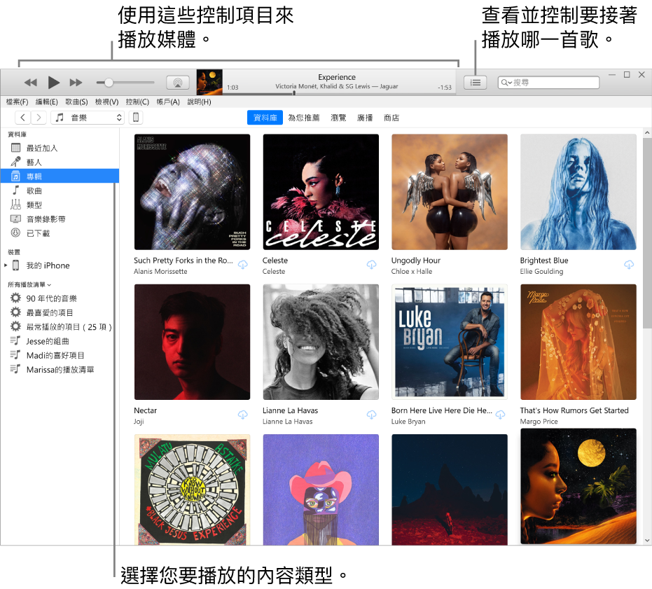 iTunes 資料庫主視窗：在導覽器中，選擇要播放的媒體類型（例如「音樂」）。使用最上方橫幅中的控制項目來播放媒體，以及使用右側的「待播清單」快顯功能表來以不同方式檢視您的資料庫。