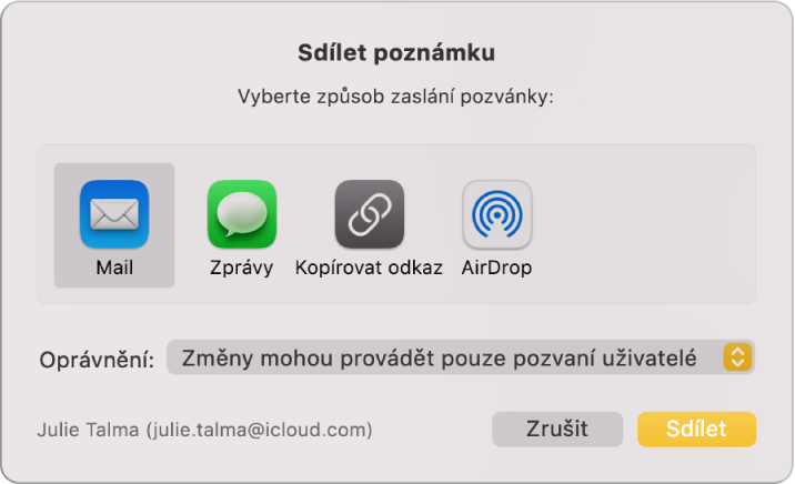 Dialogové okno Sdílet složku, kde můžete určit, jak má být zaslána pozvánka sdílející poznámku