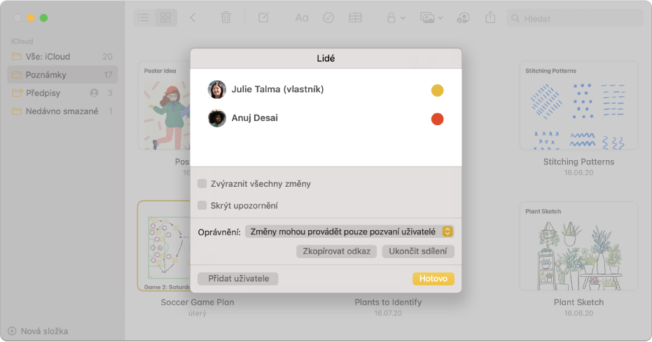 Poznámky v zobrazení galerie po výběru volby pro správu sdílených poznámek Zobrazený je seznam osob, které byly přidány k poznámce, a dostupné volby