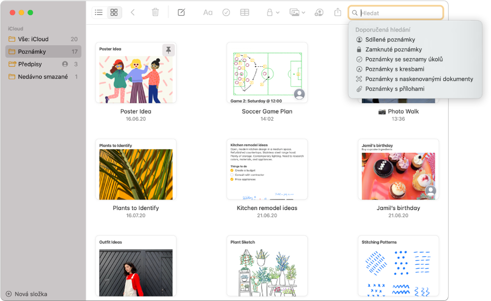 Poznámky v zobrazení galerie – obsah každé poznámky se zobrazuje jako miniatura. V pravém horním rohu jsou zobrazena doporučená hledání, například zamknuté poznámky nebo poznámky s přílohami.