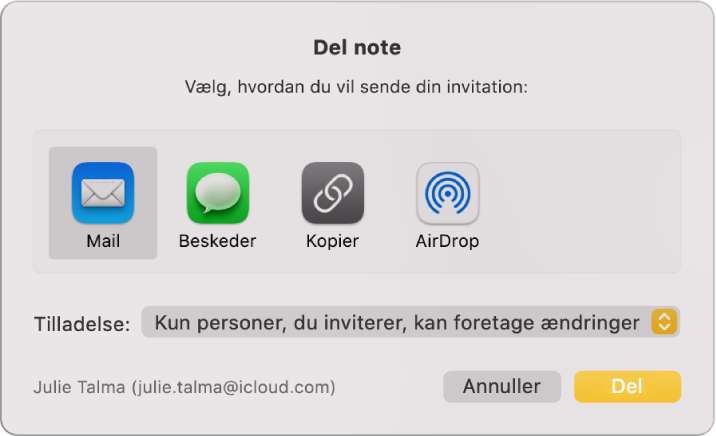 Dialogen Del note, hvor du kan vælge, hvordan invitationen til at dele en note skal sendes.