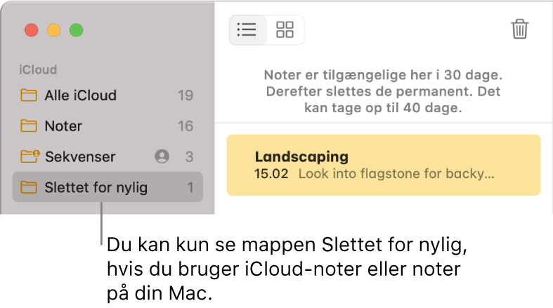 Vinduet Noter med mappen Slettet for nylig i indholdsoversigten og en note, der er slettet for nylig. Du kan kun se mappen Slettet for nylig, hvis du bruger iCloud-noter eller noter på din Mac.