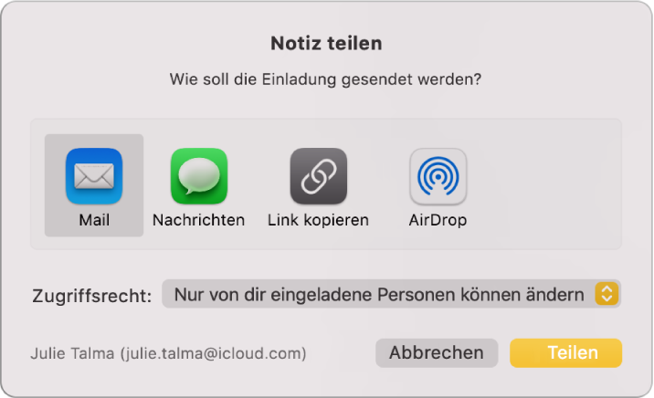 Das Fenster „Notiz teilen“, in dem du auswählen kannst, wie die Einladung zum Teilen einer Notiz versendet werden soll.