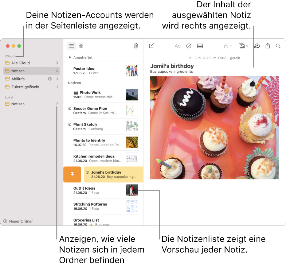 Das Fenster der App „Notizen“ mit allen konfigurierten Accounts und Ordnern in der Seitenleiste links, mit einer Liste von Notizen inklusive einer Vorschau jeder Notiz in der Mitte und dem Inhalt der aktuell ausgewählten Notiz rechts. Neben jedem Ordner wird die Anzahl der darin enthaltenen Notizen angezeigt.