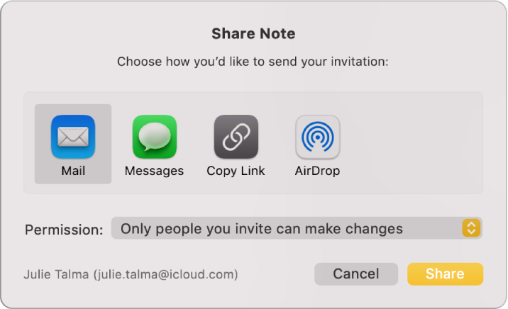 The Share Note dialog where you can choose how to send the invitation to share a note.