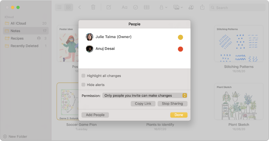 Notes in gallery view after choosing to manage a shared note. You see the people listed who have been added to the note and the options available.