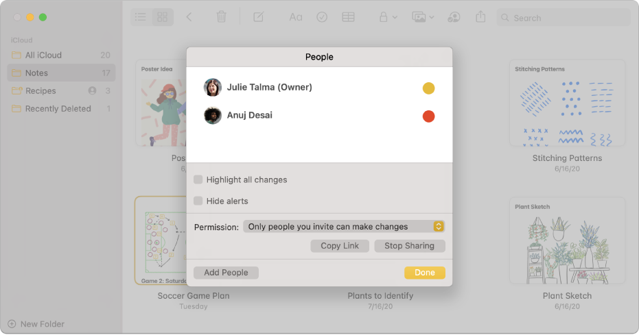 Notes in gallery view after choosing to manage a shared note. You see the people listed who have been added to the note and the options available.