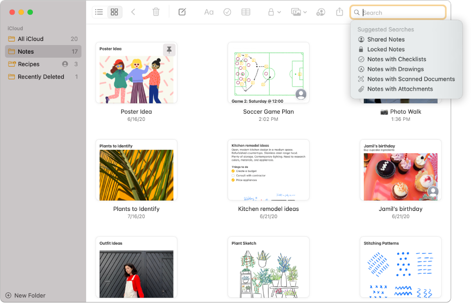 Notes in gallery view—showing the content of each in a thumbnail. Suggested searches appear in the top-right corner, such as locked notes and notes with attachments.