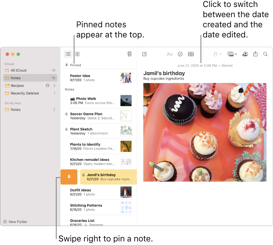 The Notes window with the list of notes in the middle, pinned notes at the top of the notes list, and the Pin button on one note. The content of that note appears on the right with the date at the top; click the date to switch between the date created and the date edited.