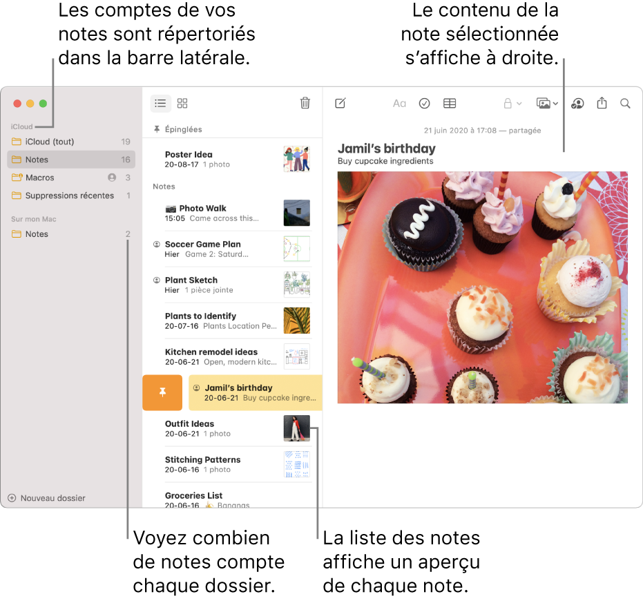 La fenêtre Notes avec tous vos comptes configurés et dossiers répertoriés dans la barre latérale sur la gauche, la liste des notes au milieu avec un aperçu de chaque note et le contenu de la note sélectionnée sur la droite. Le nombre de notes s’affiche à côté de chaque dossier.
