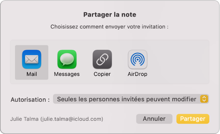 La zone de dialogue « Partager la note », à partir de laquelle vous pouvez déterminer comment inviter des personnes à partager une note.