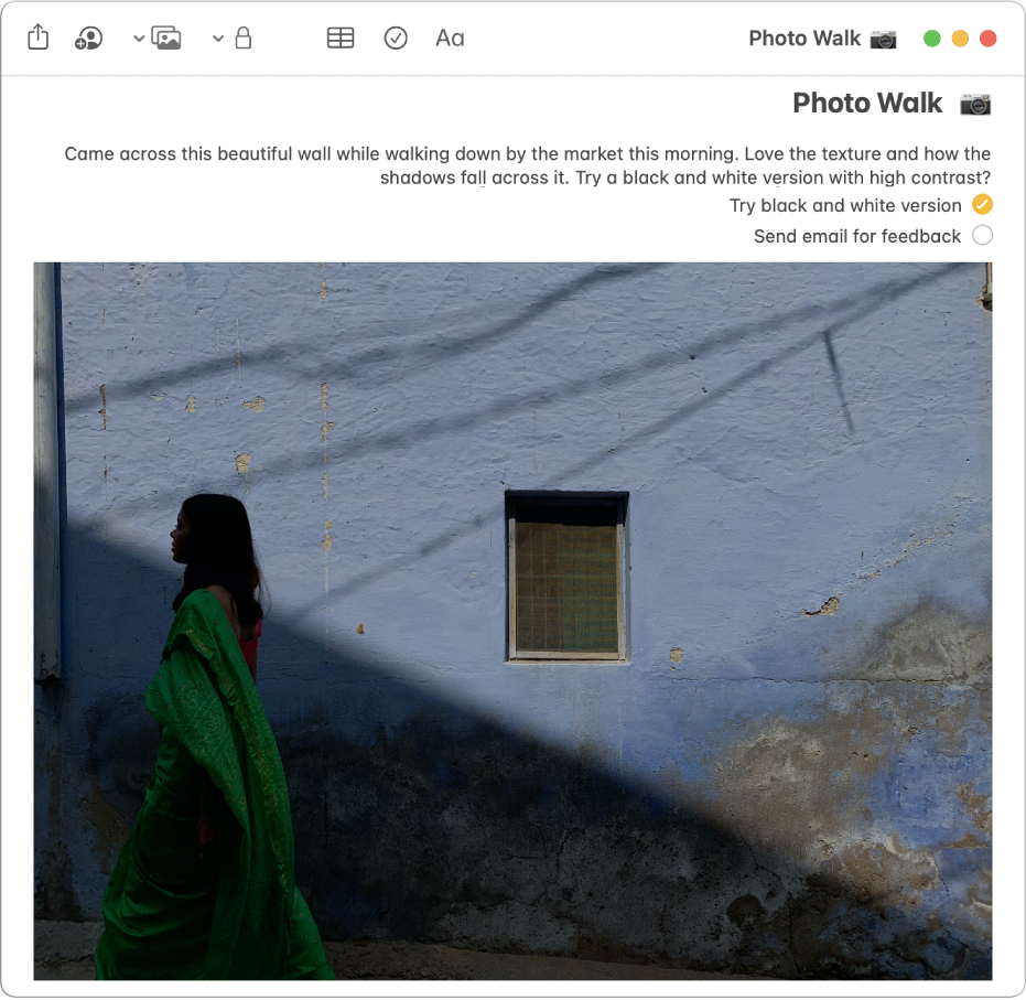 פתק עם תיאור של טיול עם מצלמה, רשימת של משימות לביצוע וצילום של אשה מטיילת ליד קיר.