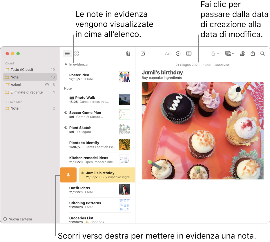 La finestra di Note, con l’elenco di note al centro, le note in evidenza in cima all’elenco e il pulsante per metterle in evidenza in corrispondenza di una nota. Il contenuto di quella nota appare sulla destra con la data in alto; fai clic sulla data per passare dalla data di creazione alla data di modifica.