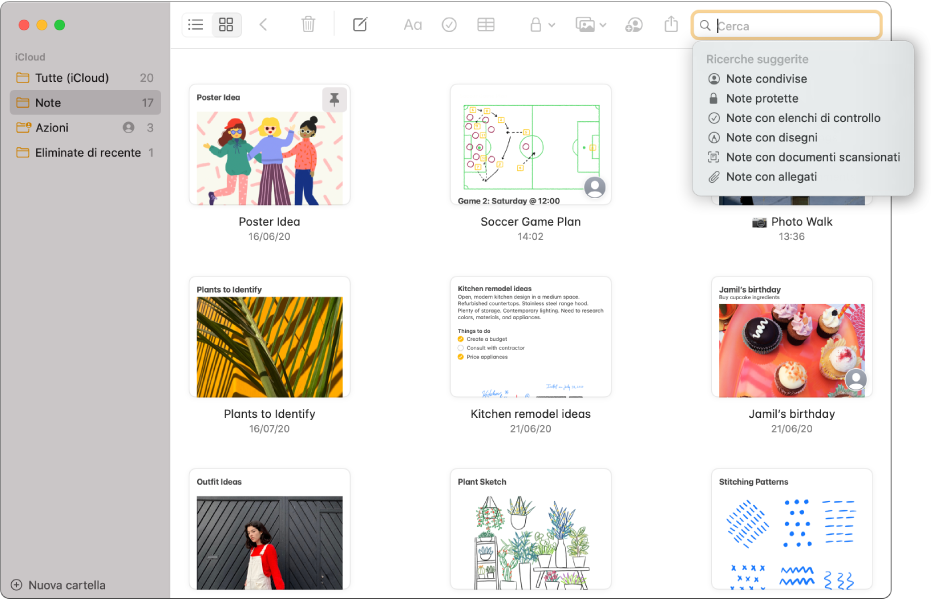 Note nella vista Galleria; viene mostrato il contenuto di ciascuna in una miniatura. Le ricerche suggerite vengono visualizzate nell'angolo in alto a destra, come note bloccate e note con allegati.