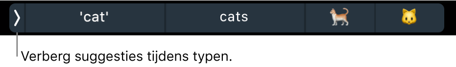 Suggesties voor woorden en emoji, met aan de linkerkant de knop om suggesties tijdens het typen te verbergen.