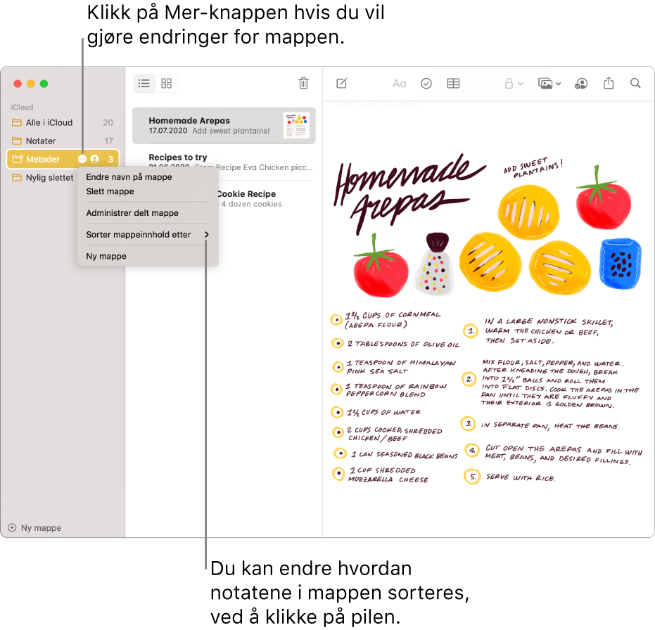 Notater-vinduet med én mappe i sidepanelet som viser Mer-knappen der du kan utføre endringer på en mappe. Over listen med notater i midten er sorteringsvalget som endrer rekkefølgen til notatene – klikk på pilen for å velge en annen sorteringsrekkefølge.