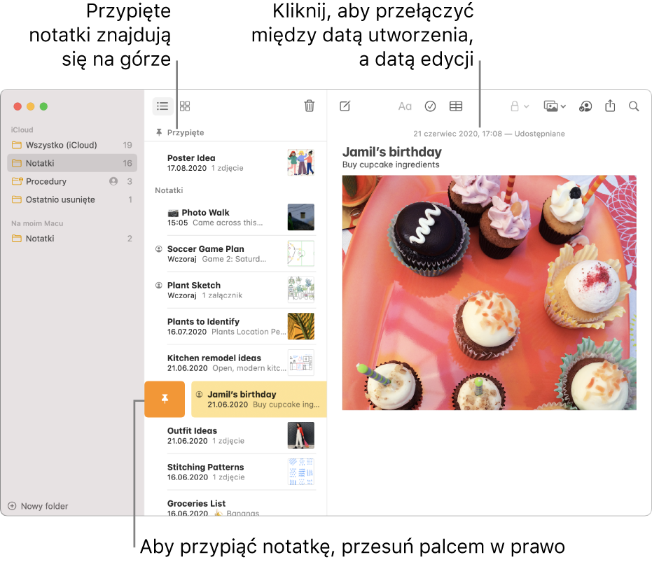 Okno Notatek z listą notatek na środku, przypiętymi notatkami na górze listy oraz przyciskiem pinezki na jednej notatce. Po prawej wyświetlana jest zawartość notatki, a na jej górze widoczna jest data. Kliknij w tę datę, aby przełączyć między datą utworzenia i datą edycji notatki.