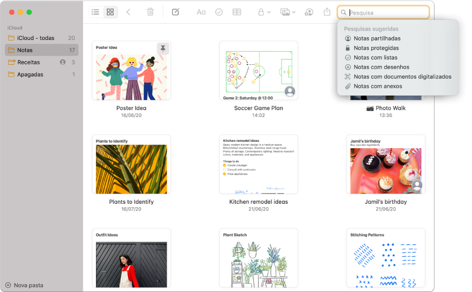 As notas na vista de galeria, a apresentar o conteúdo de cada uma numa miniatura. As pesquisas sugeridas aparecem no canto superior direito, tal como as notas protegidas e as notas com anexos.