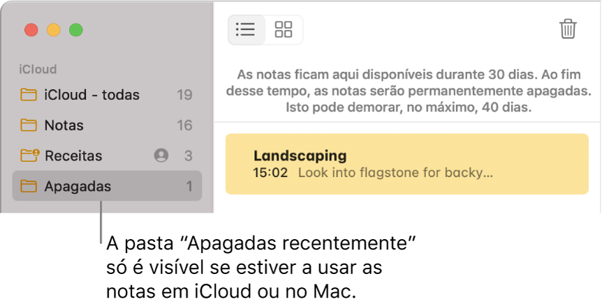 A janela da aplicação Notas com a pasta “Apagadas recentemente” na barra lateral e uma nota apagada recentemente. A pasta “Apagadas recentemente” só está disponível se estiver a usar as notas em iCloud atualizadas ou notas armazenadas no Mac.