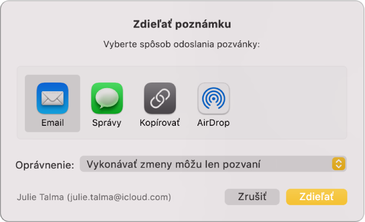 Dialógové okno Zdieľať poznámku, kde môžete vybrať spôsob poslania pozvánky na zdieľanie poznámky.