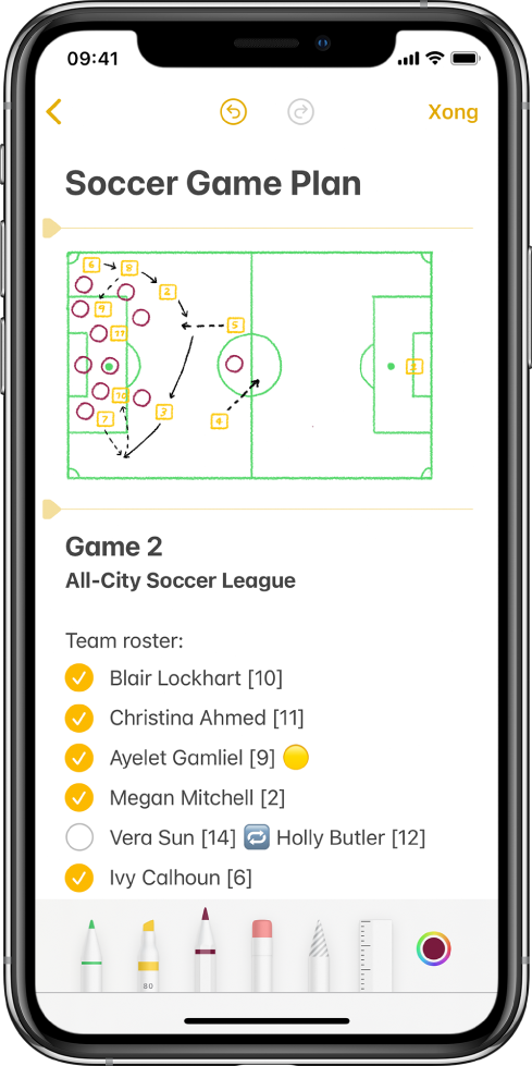 Bản vẽ trên iPhone đang hiển thị ghi chú viết tay và đồ họa được vẽ bằng tay.