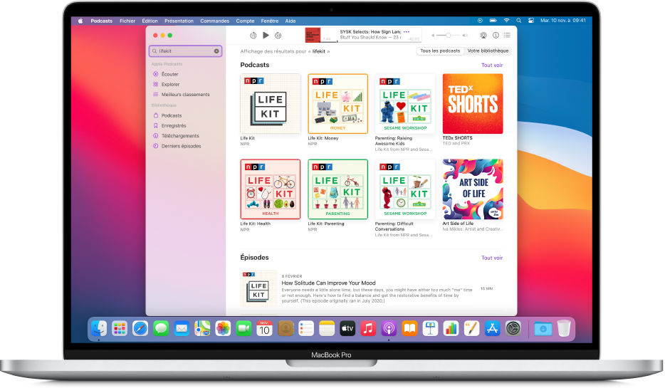 Fenêtre Apple Podcasts affichant une chaîne de recherche et les résultats.
