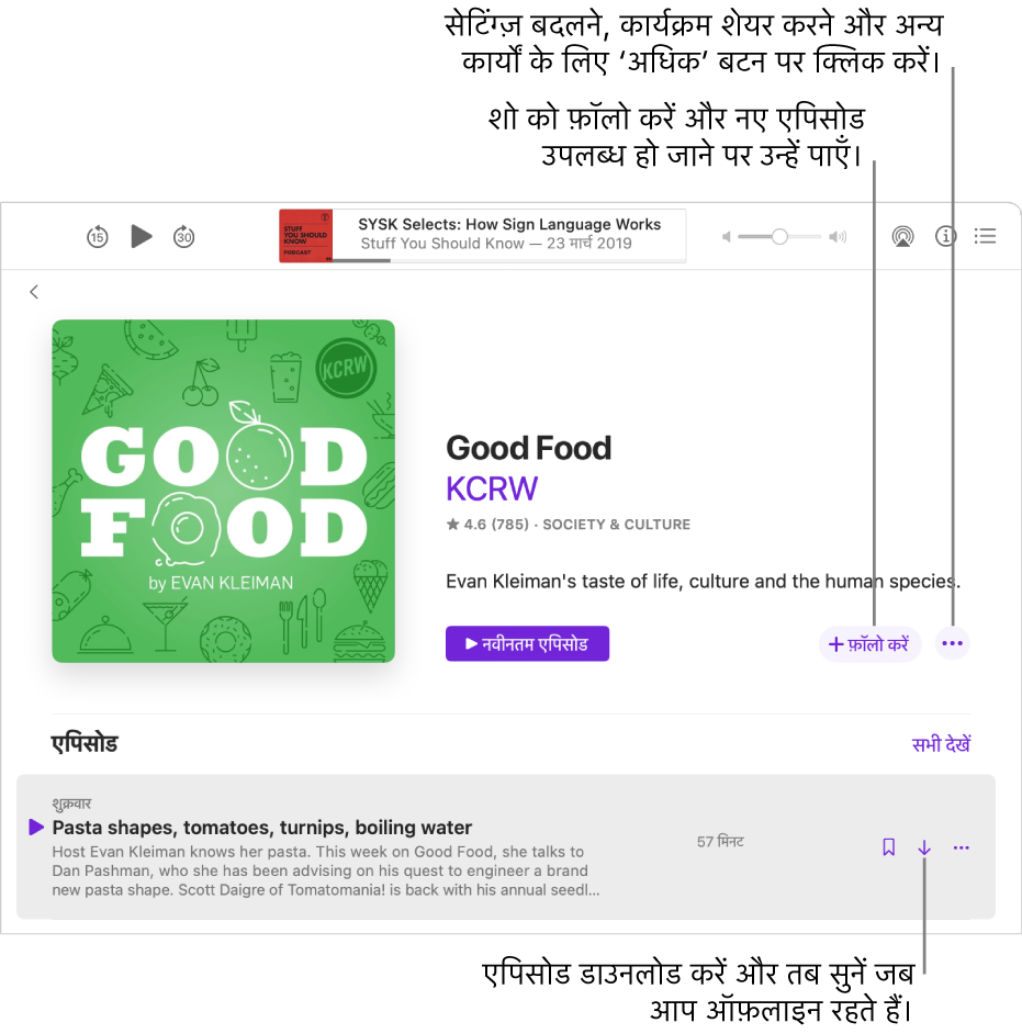 कार्यक्रम विवरण स्क्रीन। नए एपिसोेड उपलब्ध होते ही उन्हें प्राप्त करने के लिए “फ़ॉलो करें” पर क्लिक करें। सेटिंग्ज़ बदलने, कार्यक्रम शेयर करने, आदि के लिए “अधिक” बटन पर क्लिक करें। जब आप इंटरनेट से कनेक्ट न हों, तब एपिसोड सुनने के लिए एपिसोड को डाउनलोड करें।
