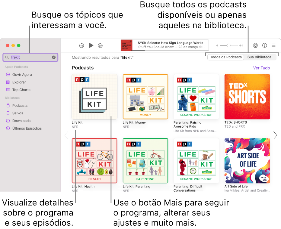 Janela do app Podcasts mostrando texto digitado no campo de busca no canto superior esquerdo, além de episódios e podcasts que correspondem à busca de todos os podcasts na tela à direita. Clique no link abaixo do podcast para visualizar detalhes sobre o podcast e seus episódios. Use o botão Mais do podcast para segui-lo, alterar ajustes e muito mais.