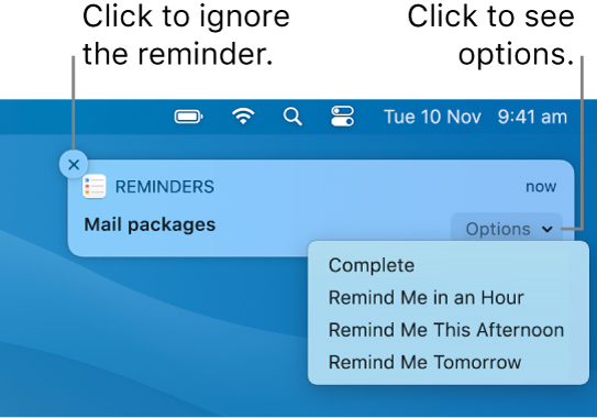 A reminder notification with Complete and Later buttons.