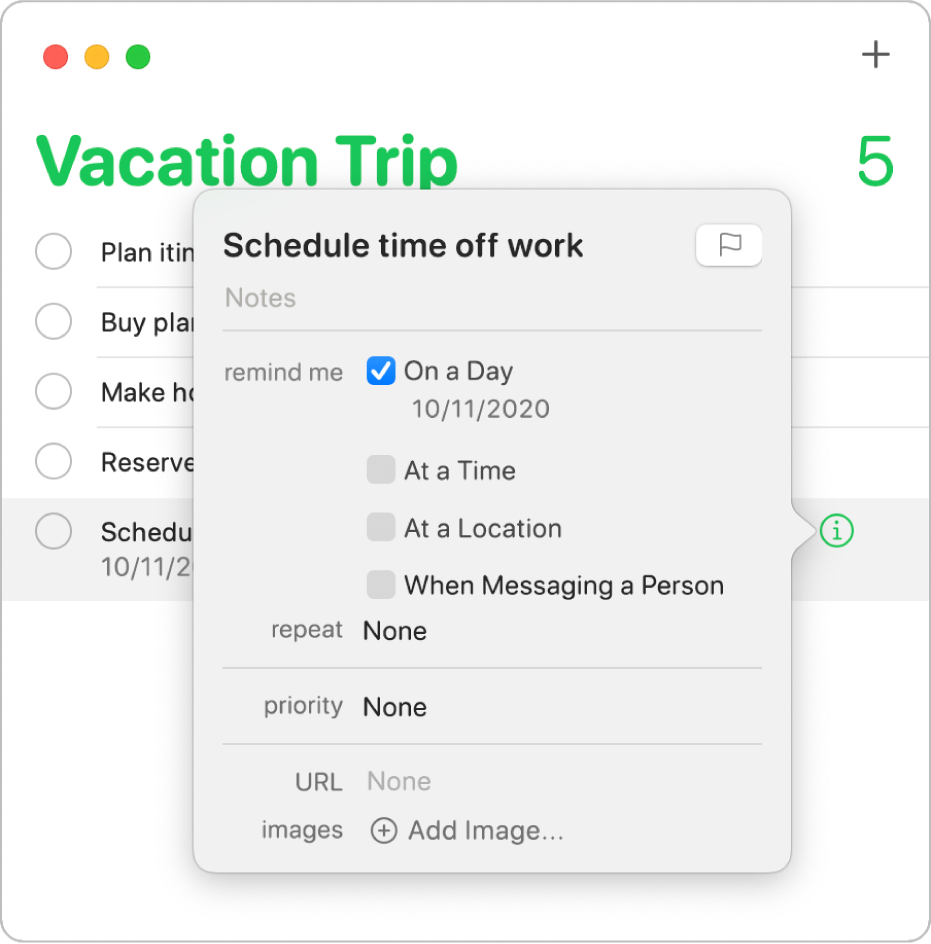 A reminder list showing the inspector window for a reminder.