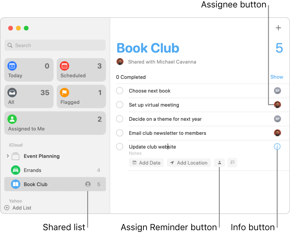 A Reminders window showing a shared list with assigned reminders.