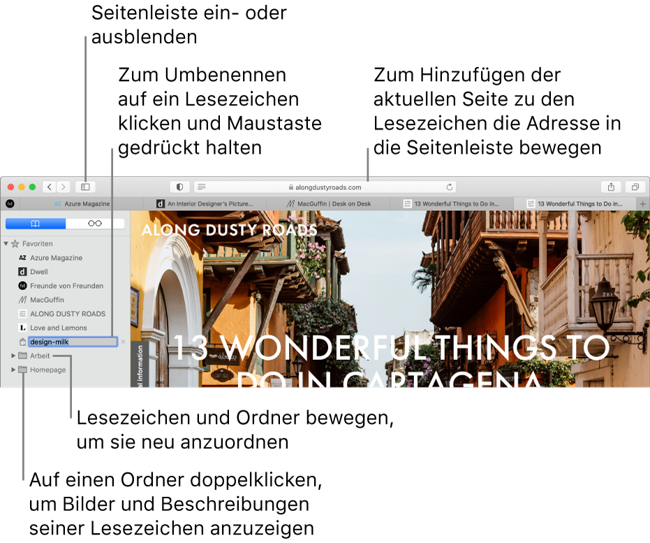 Ein Safari-Fenster mit Lesezeichen in der Seitenleiste und einem zur Bearbeitung ausgewählten Lesezeichen.