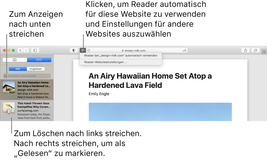 Safari-Fenster mit angezeigter Leseliste.