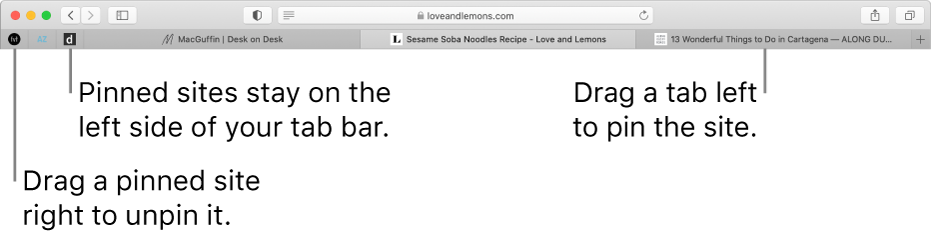 Pinned sites in the Safari tab bar.