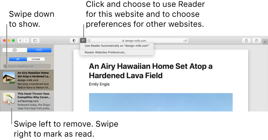 A Safari window with a Reading List displayed.