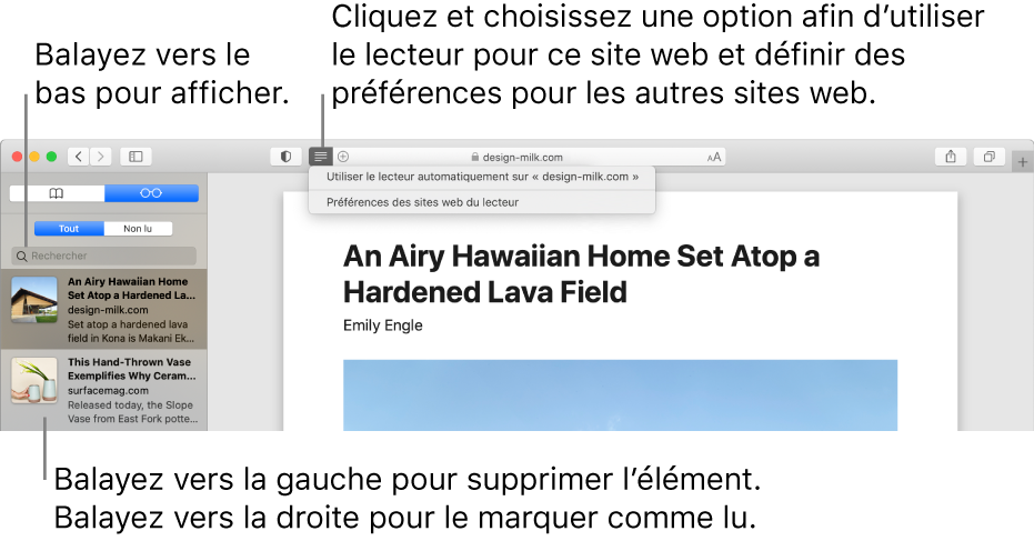 Une fenêtre Safari avec une liste de lecture.