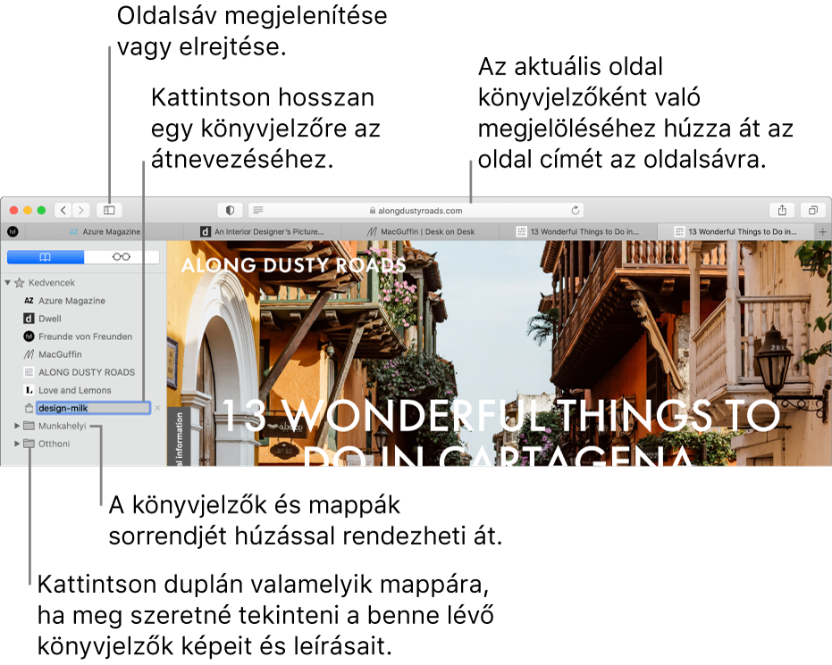 A Safari-ablak az oldalsávon könyvjelzőkkel; az egyik könyvjelző ki van jelölve szerkesztéshez.