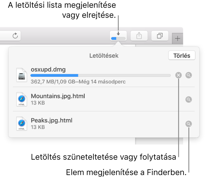A Letöltések gomb az eszközsoron, alatta a letöltések listája.
