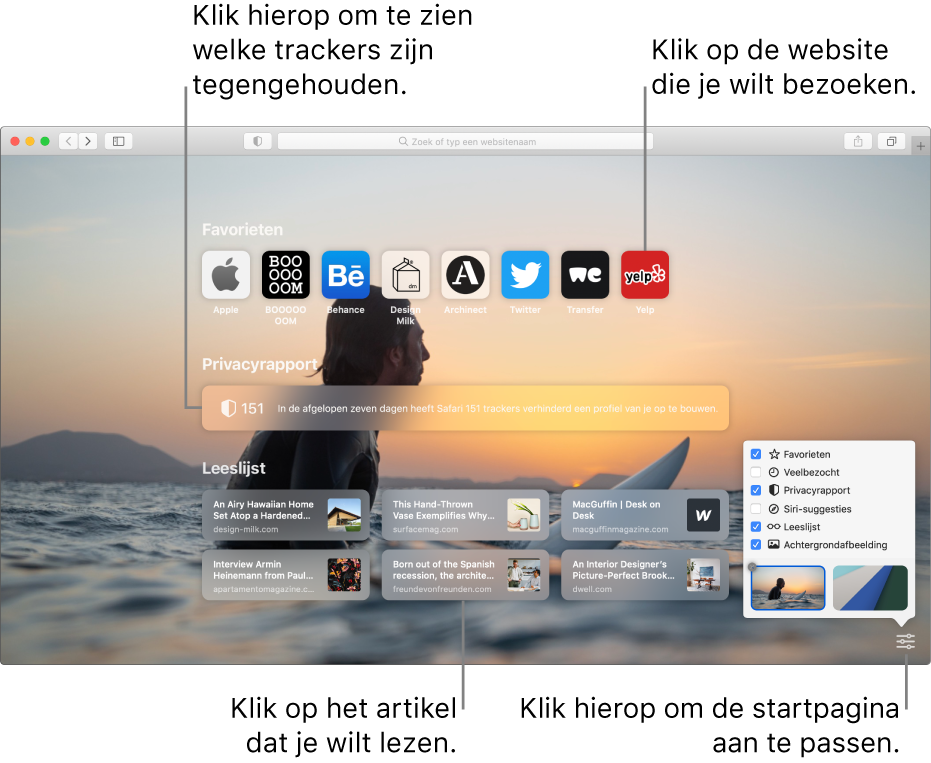 De startpagina van Safari met favoriete websites, een samenvatting van het privacyrapport, artikelen in de leeslijst en opties voor de startpagina.