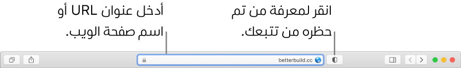 شريط أدوات Safari يعرض زر تقرير الخصوصية وموقع ويب في حقل البحث الذكي.