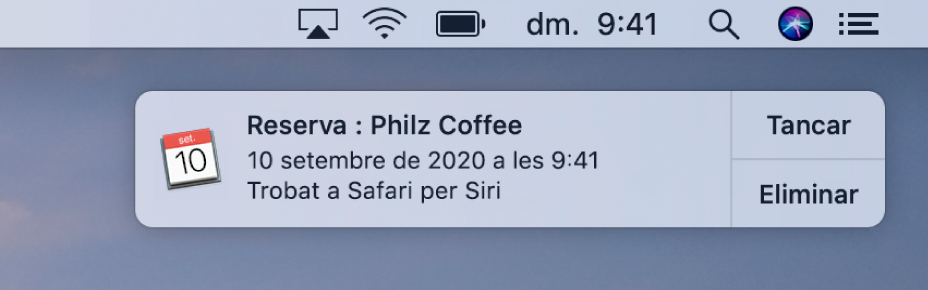 Suggeriment de Siri per afegir un esdeveniment del Safari al Calendar.