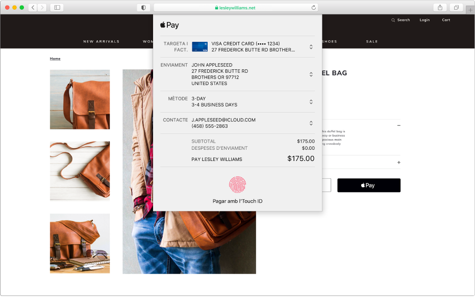 Una coneguda botiga virtual que permet utilitzar l’Apple Pay, amb els detalls de la teva compra, com ara la targeta de crèdit en què s’ha efectuat el càrrec, les dades d’enviament, la informació de la botiga i l’import de la compra.