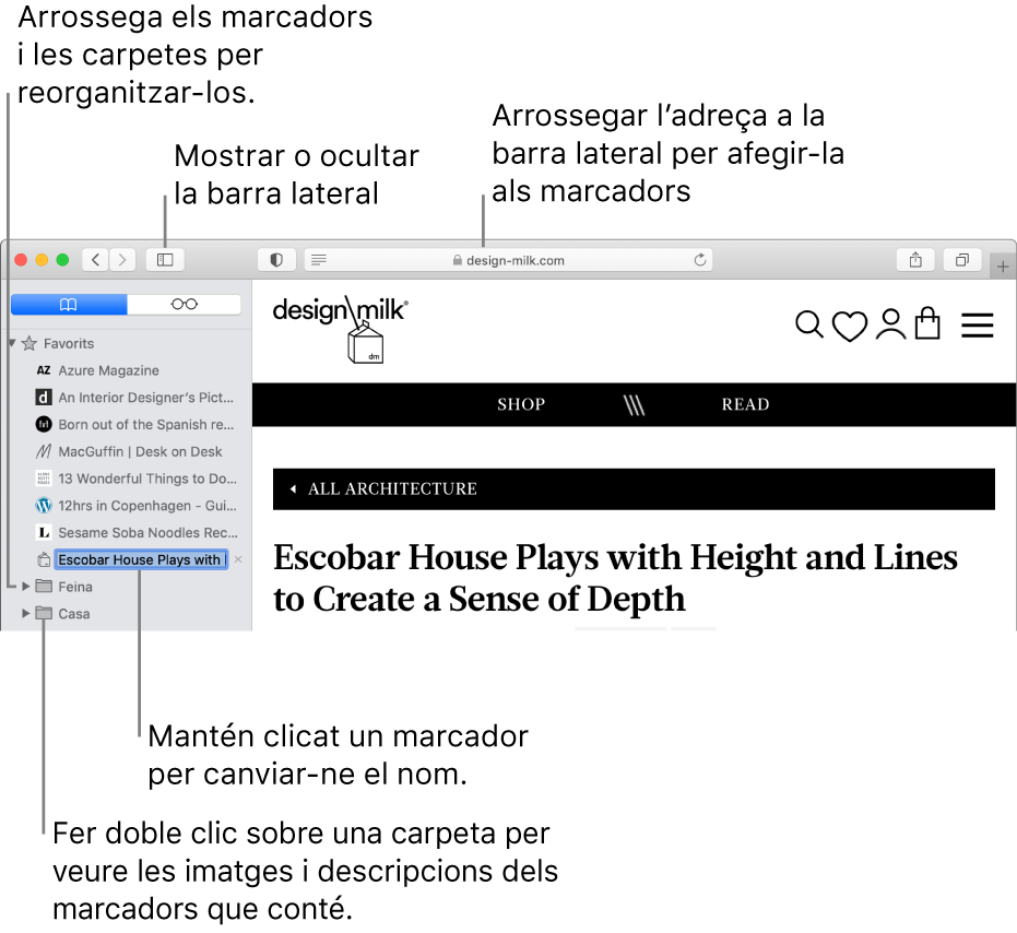 Una finestra del Safari que mostra marcadors a la barra lateral i un marcador seleccionat per editar-lo.